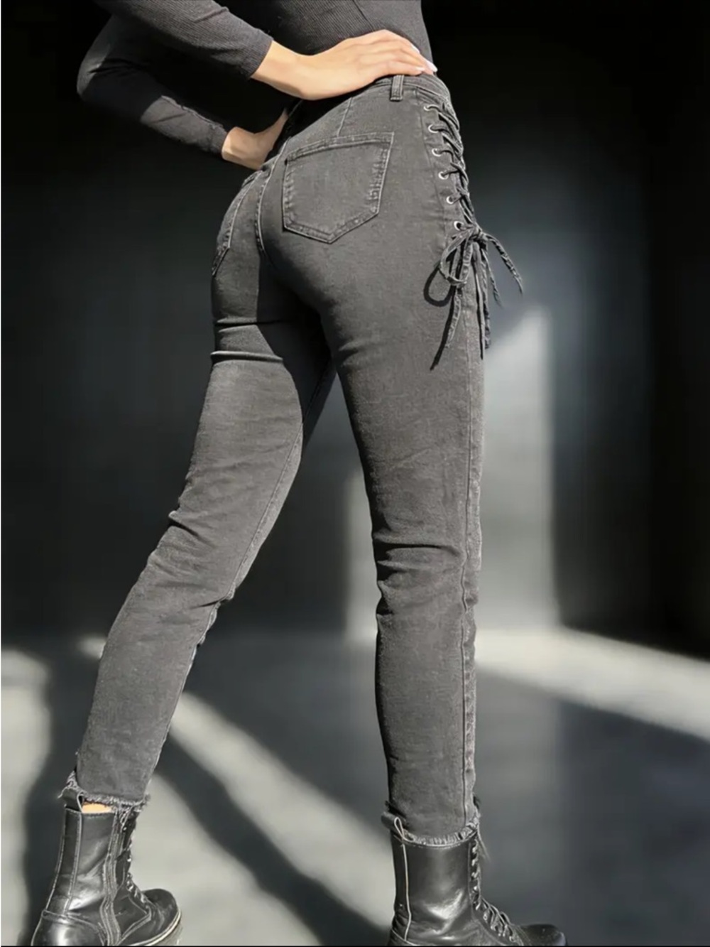 High-Rise Lace-Up Skinny Jeans — Black - Picture 2 of 2